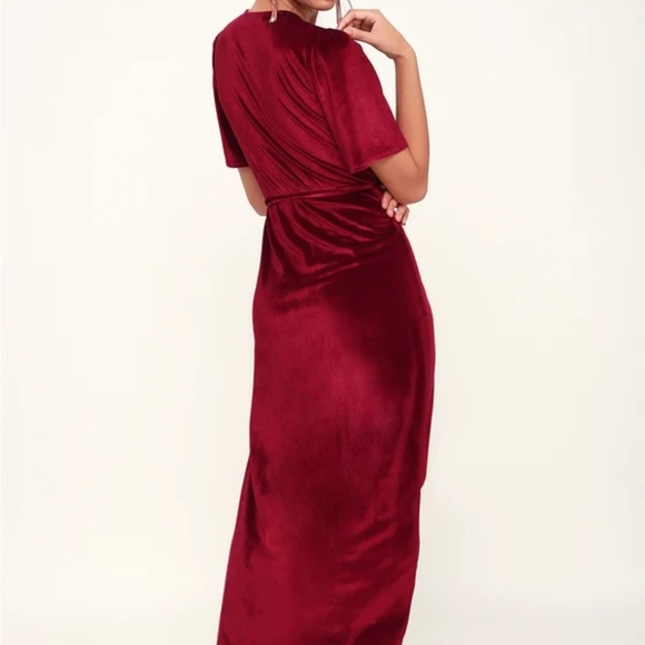 Lulu's Wine Red Velvet High Low Wrap Dress Size M Midi Dress - Picture 5 of 9